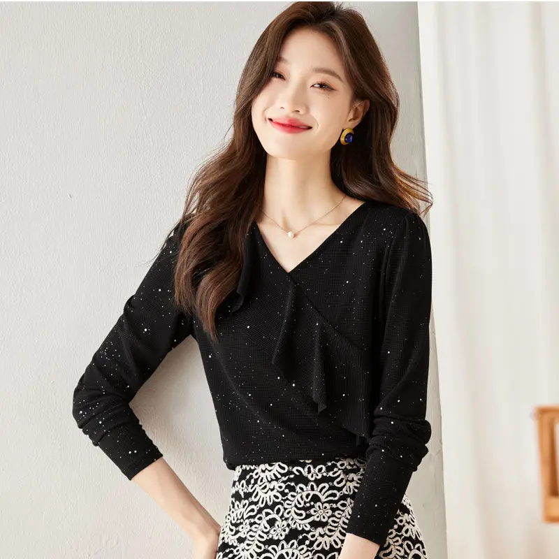 Elegant V-Neck Ruffles Gauze Sequined T-Shirts Women's Clothing 2024 Autumn New Chic Tops Sweet Tee Shirt