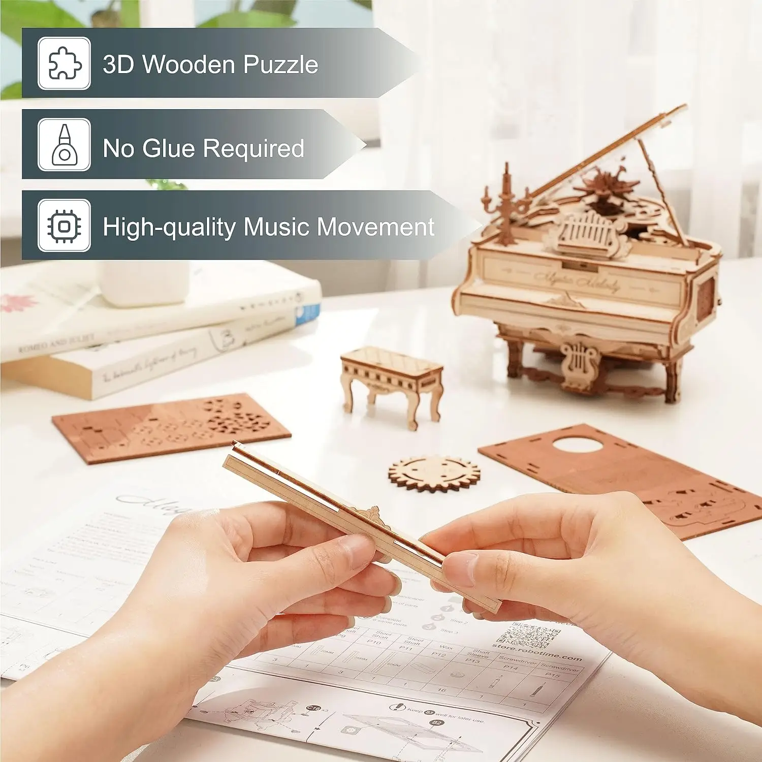 Robotime Rokr 3D Puzzle Wooden Models Construction Kits Mechanical Model Sets Music Box Magic Piano Style 223 Pieces for Adult