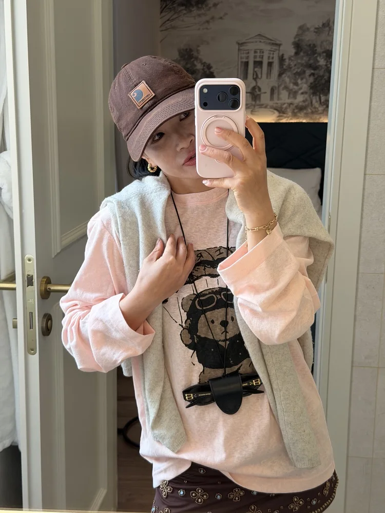 

Loose Fit Long Sleeve T-Shirt Cute Bear Cartoon Print Thin Casual round Neck Women's Top Breathable Comfortable Spring Fashion