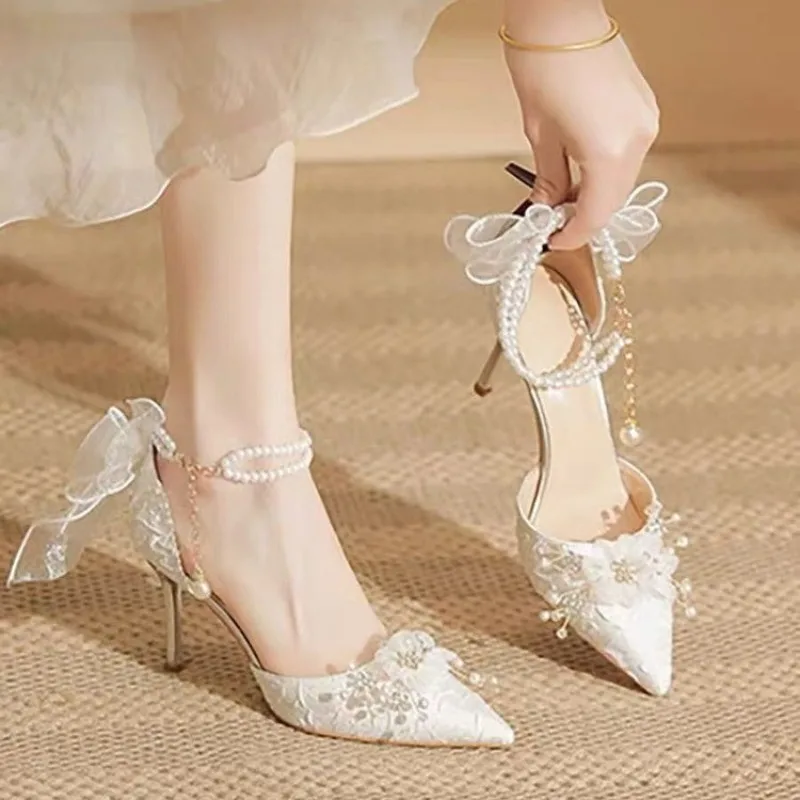 French Satin Wedding Shoes Two-Wear White Fairy Flower High-Heeled Sandals