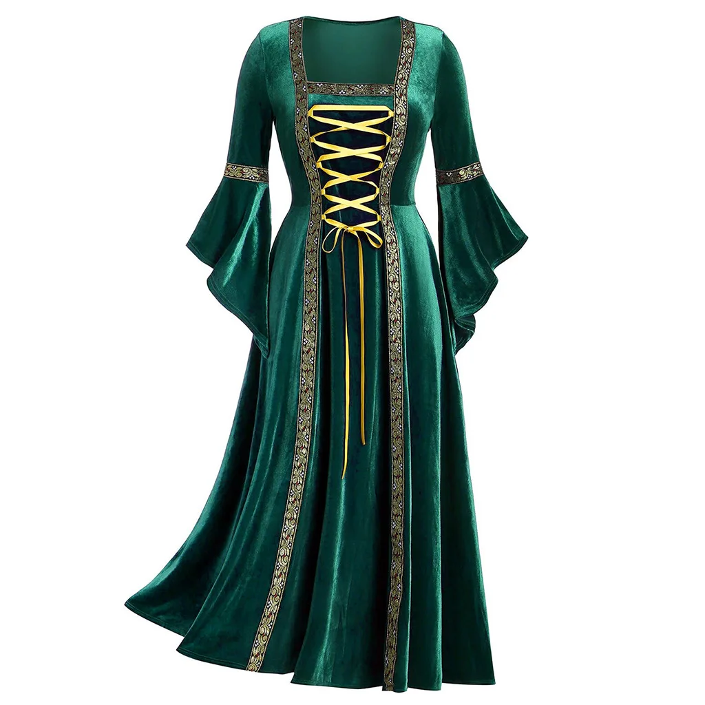 Medieval Renaissance Cosplay Vintage Gothic Bandage Women Dress Flare Sleeve Floor Length Goth Vampire Witch Dresses S-XXL