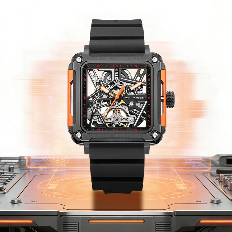 WM Watch Square Waterproof Skeleton Mechanical Watch with Sapphire Crystal and Stainless Steel Case, Welly Merck 091M