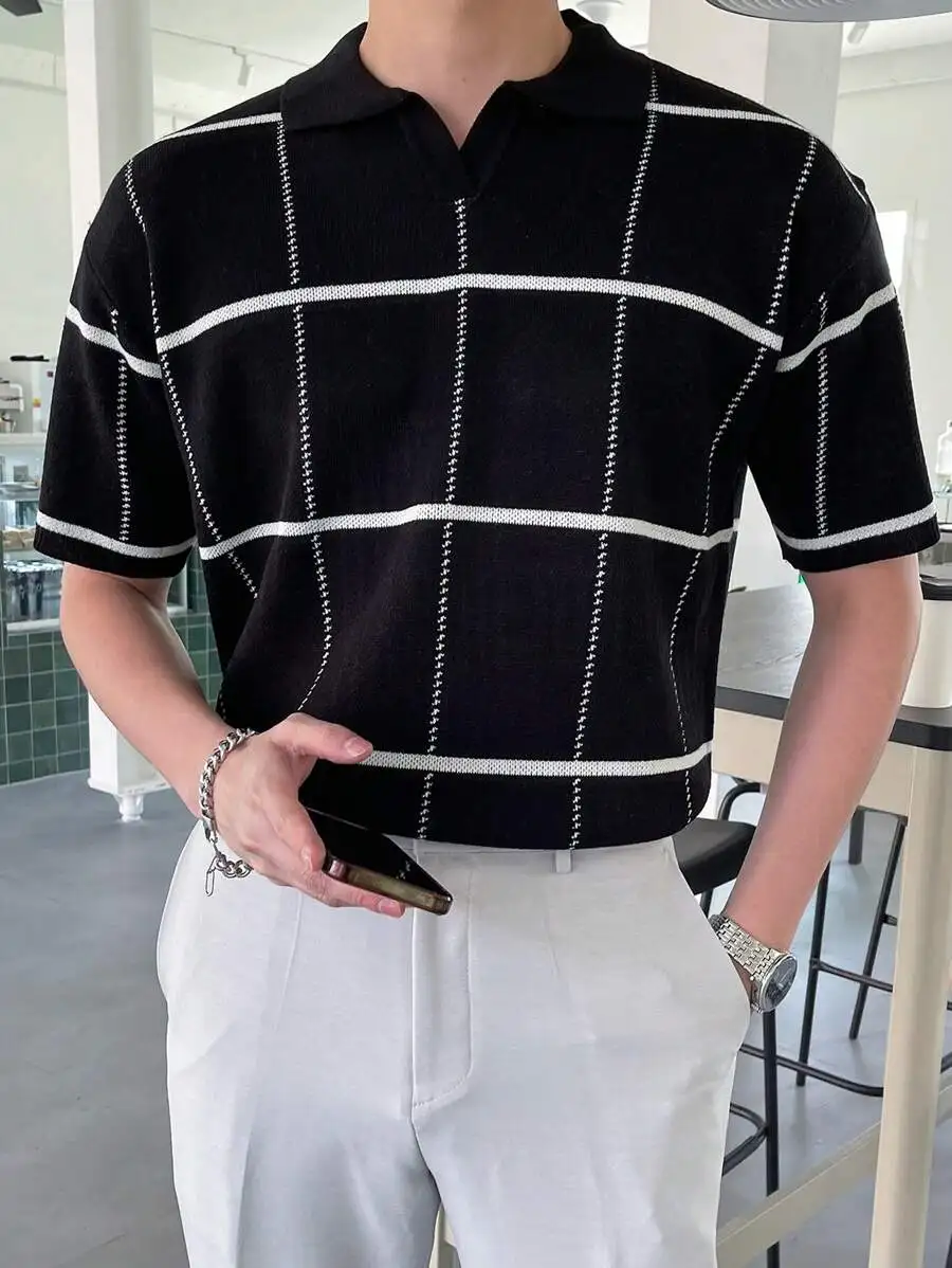 

Men's Black Knit Polo Shirt with White Grid Pattern, Short Sleeve