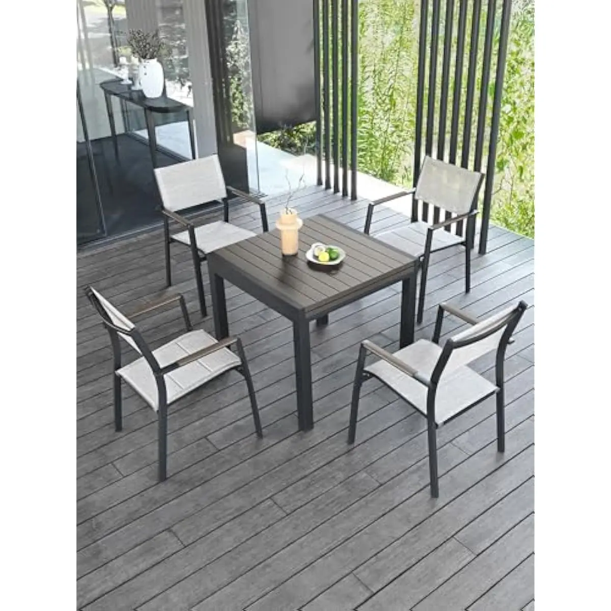 5-piece contemporary outdoor dining ensemble featuring expandable aluminum table 32–65 inches with drawer-style extension mechan