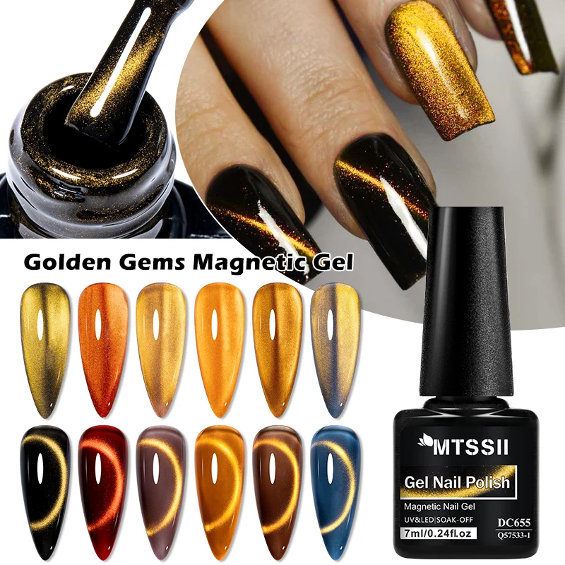 Mtssii 7ml Golden Gems Cat Magnetic Nail Polish Golden Gems Cat Eye Gel Effect Soak Off Semi-Permanent Varnish Manicure