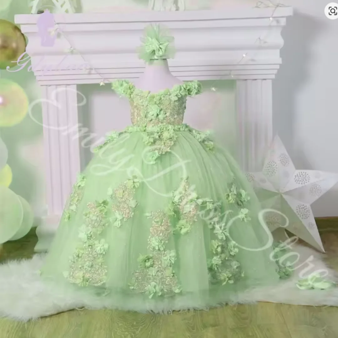 فستان فتاة الزهور لحفلات الزفاف ثلاثي الأبعاد مزين بالتول فستان الأميرة الفاخر للأطفال لحفلات أعياد الميلاد المسائية