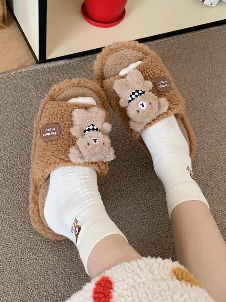 Chinelos de algodão de urso bonito para mulheres, chinelo doméstico interno, antiderrapante, quente, em casa, inverno, 2023