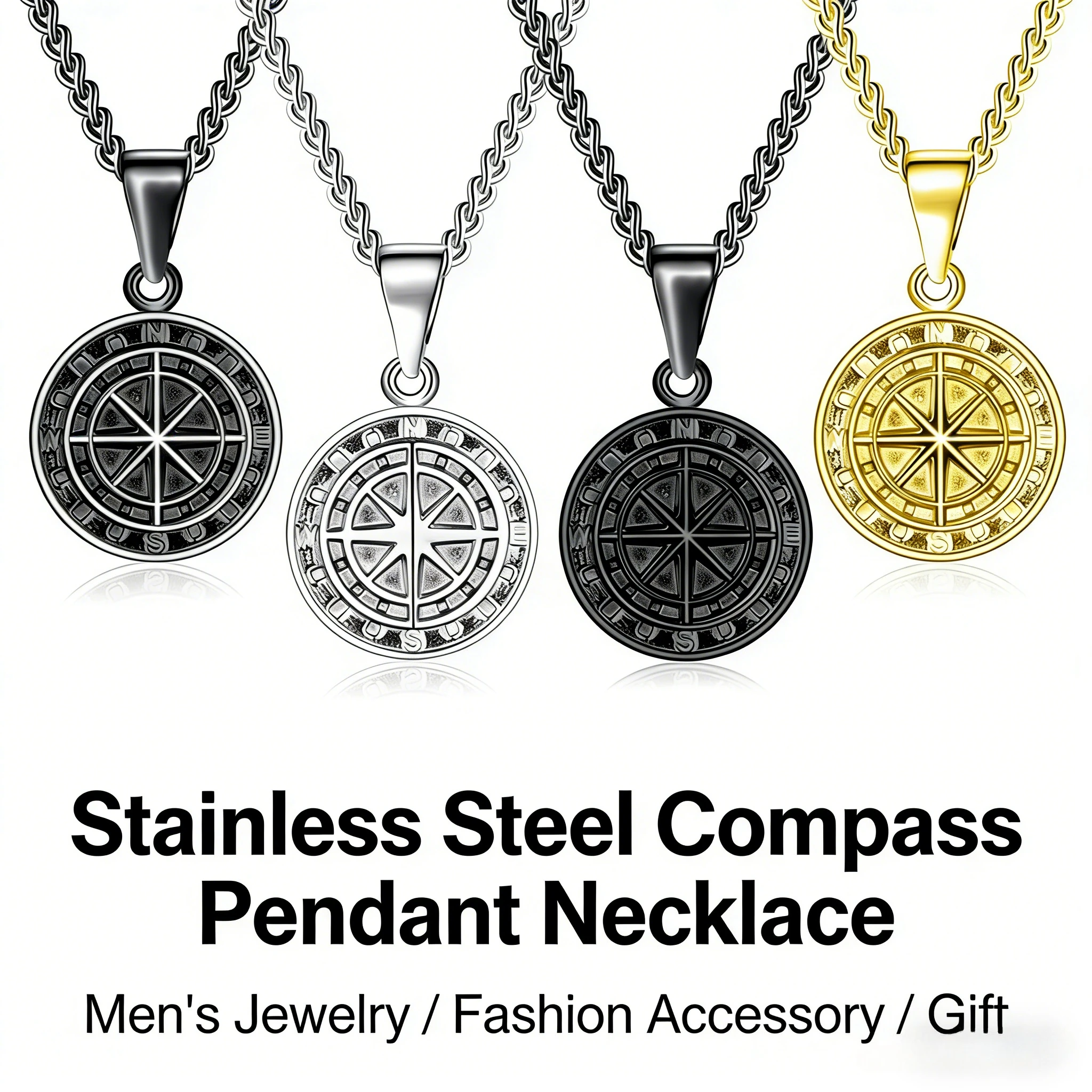 

18K Gold Plated Stainless Steel Cuban Chain Hip Hop Vintage Non-Fading Men's and Women's Necklaces Compass Coin Pendants