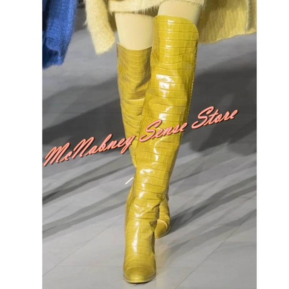 

Stone Pattern Solid Boots Pointed Toe Chunky High Heels Knee High Boots Women Sexy Shoes Side Zipper Winter New Style Leather