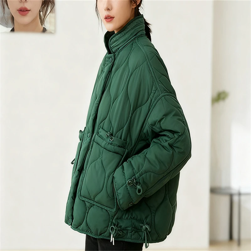 Женский стеганый пуховик зеленого и черного цвета — воротник-стойка, большие карманы, свободное повседневное зимнее пальто, подходит для повседневной носки