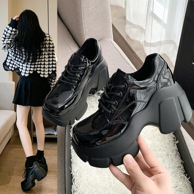 Platform Wedge Sneakers Chunky Shoes PU Leather Women Black Shoes 2023 Spring Autumn Walking Sneakers Fashion Women Tennis Shoes