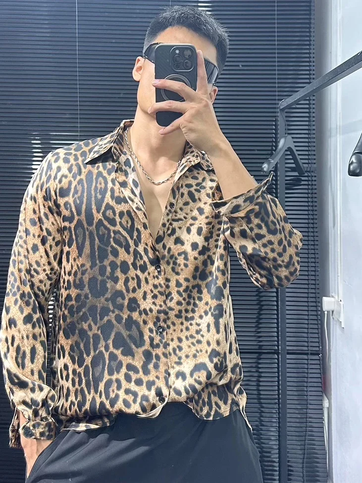 

American Sle Hard Man Leopard Print Long Sve irt Men's Iron Free Drape Loose Fit Ice Silk Chiffon Open Cardigan