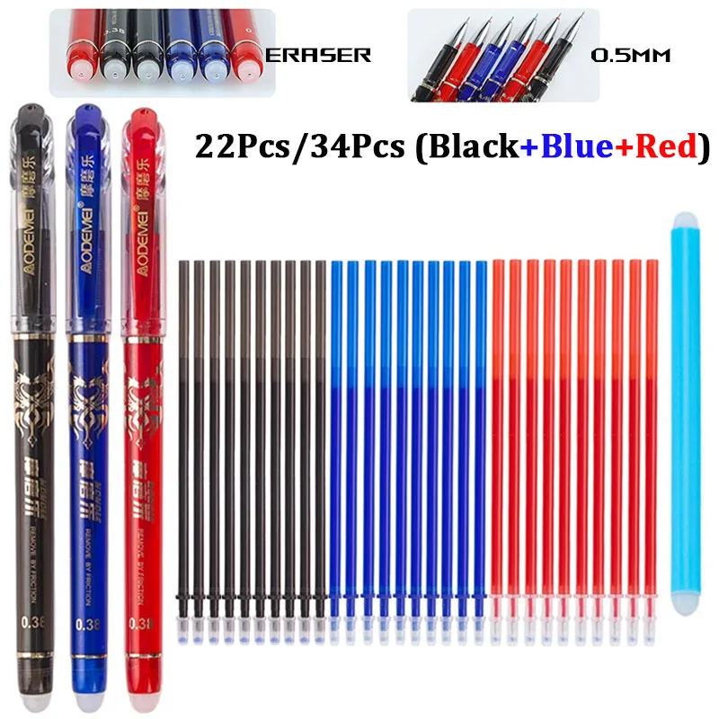 

22/34Pcs Available in 3 Color Erasable Gel Pens Black/blue/red 0.5mm Suitable for Error Correction and Erasing School Supplies