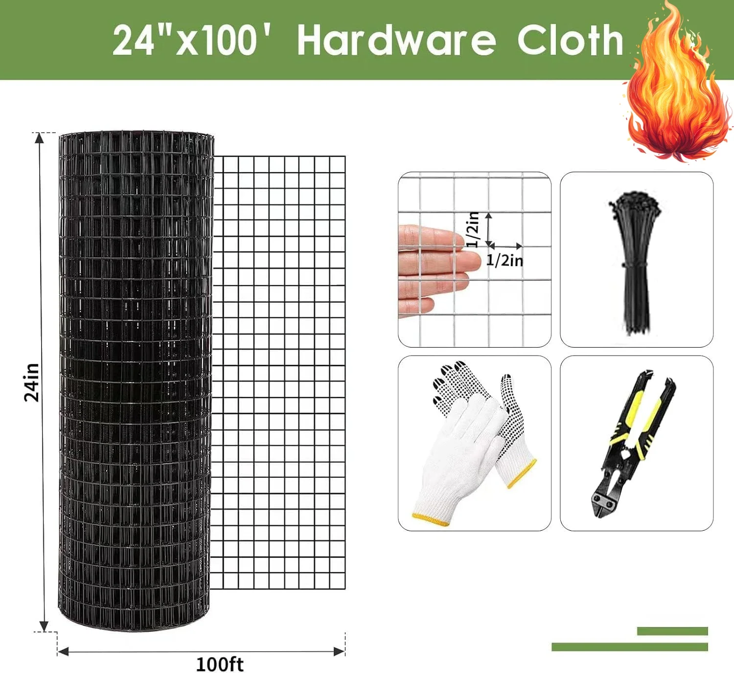 

Black Hardware Cloth, 1/2 inch 48'' x 100'Chicken Wire Fence, 19 Gauge Vinyl Coated Welded Cage Wire Mesh Roll Supports Poultry
