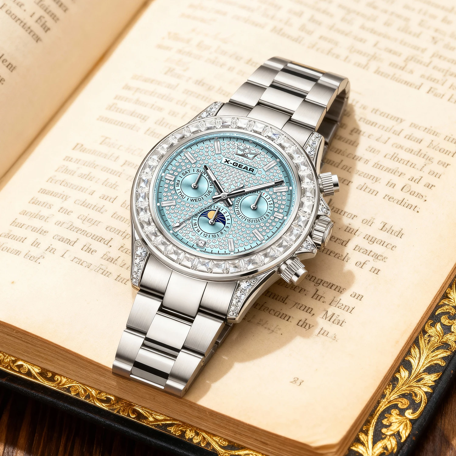 X-GEAR 패션 고급 디자인 남성용 시계 스테인리스 스틸 실버 브레이슬릿