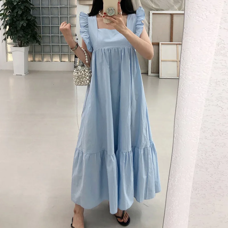 2024 Summer Short Sleeve Casual Dresses Female Loose Pleated Chiffon Dress Women Solid Color Holiday Beach Midi Dresses Vestidos