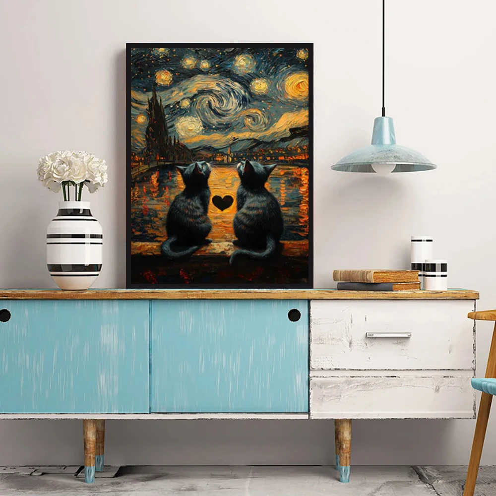 Famous Master Van Gogh Art Poster, Van Gogh Starry Sky and Cat Canvas Art Printing, Used for Room Wall Decoration, Frameless - view 3