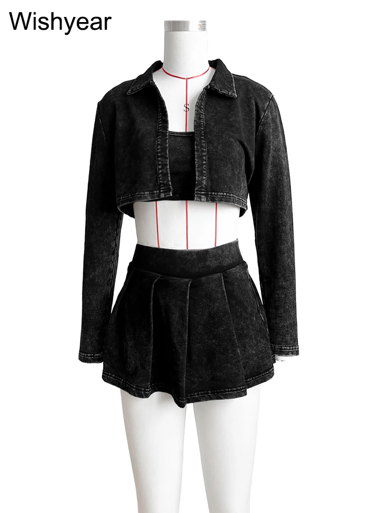 Vintage Women Washed Vest and Jacket Coat and Pleated Mini Skirts Matching 3 Pieces Set Sexy Night Club Birthday Street Outfits