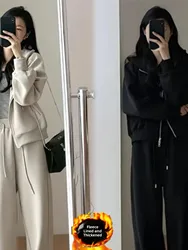 Laid-back Style Sport Tea Set Women's Long Sleeve Fleece-lined Wide Leg Pants Casual Two-piece Set Autumn Winter Zipper Closure