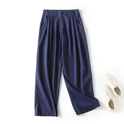 Maxdutti England Style Office Lady Pants Women High Wasit Loose Trousers Fashion Solid Casual Commuting Cotton Linen