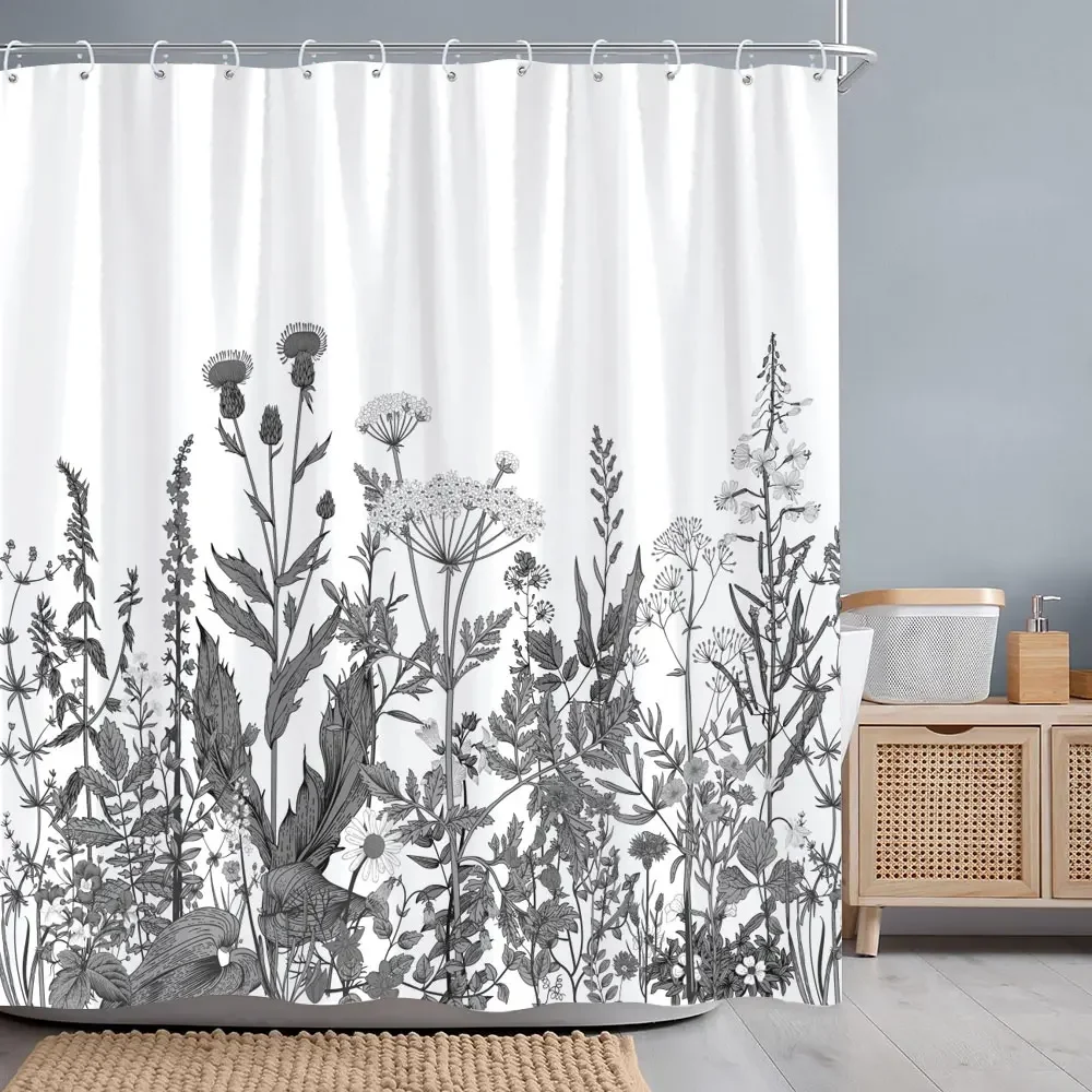 Botanical Flower Dandelion Shower Curtain Watercolour Flower Green Leaf Polyester Fabric Bath Curtains Bathroom Decor with Hooks