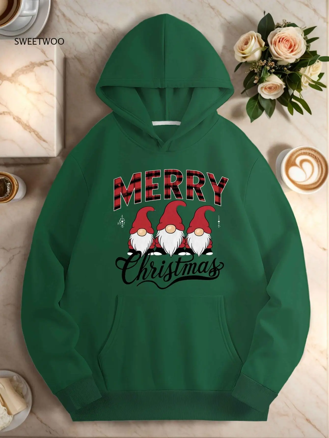 

Women's Plus Size Casual Hoodie with Merry Christmas Gnomes Plaid Design,non-Stretch, Hooded, Geometric Pattern