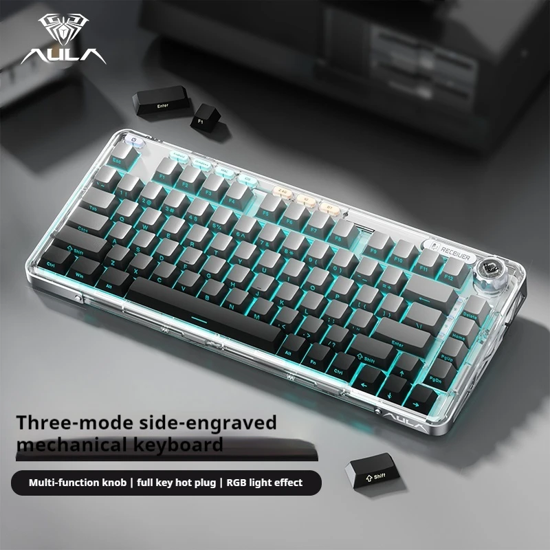 AULA F81 Wireless Side Engraving Mechanical Keyboard Bluetooth Three Modes 75% Transparent Configuration Customized Keyboard