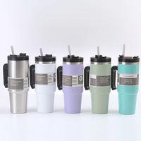 Vacuum car insulated cup, outdoor portable cup handle with straw, large capacity double-layer 2. H 30oz