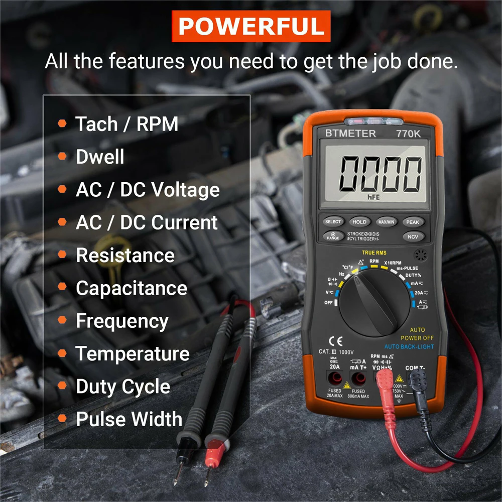 Imagem -03 - Multímetro Digital Bt770k Auto Ranging para Dwell Angle Pulse Largura Tach Temperatura Duty Corrente Tensão Resistência Teste