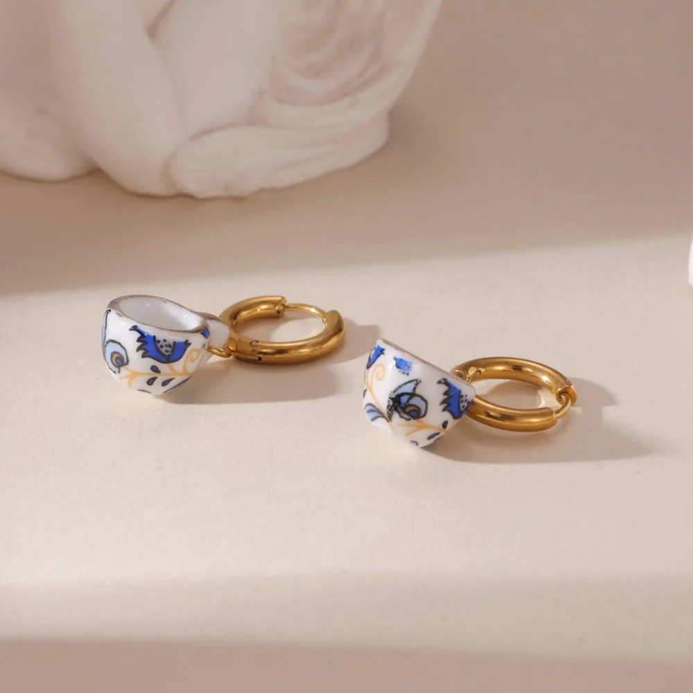 Chinese Style Ceramic Ear Buckle Dripping Oil Stainless Steel Blue and White Porcelain Earrings Hand Drawn Painting