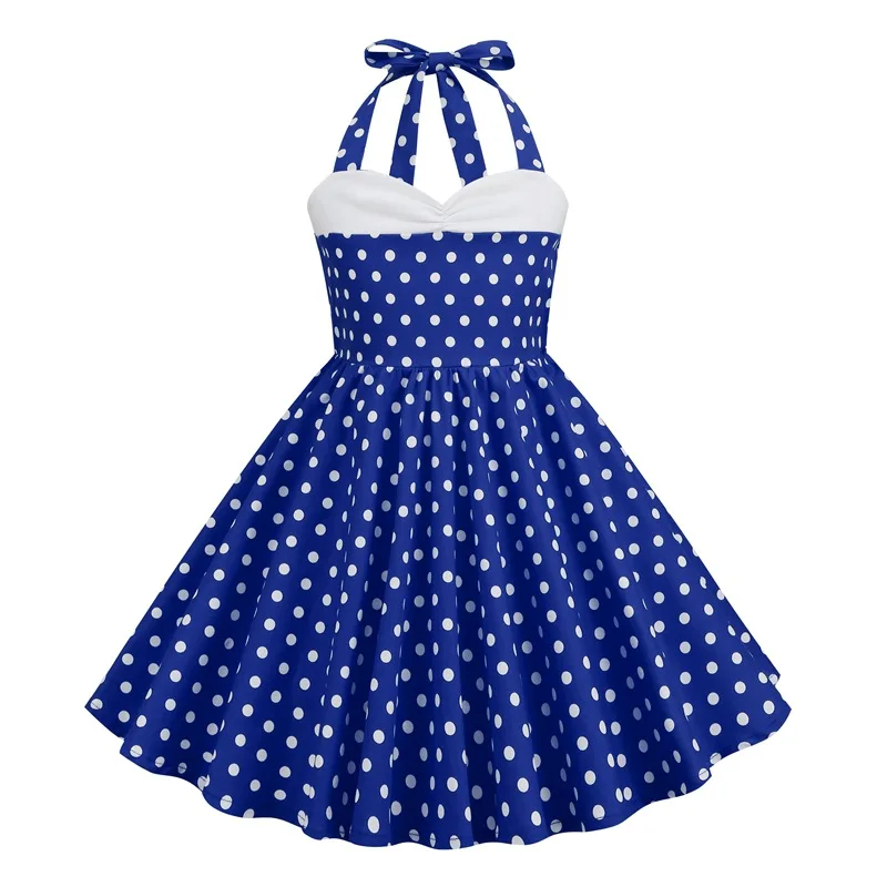 Kids Girls 50s Vintage Polka Dot Swing Party Rockabilly Dress Retro Peter Pan Doll Collar Wedding Casual Skater Dress