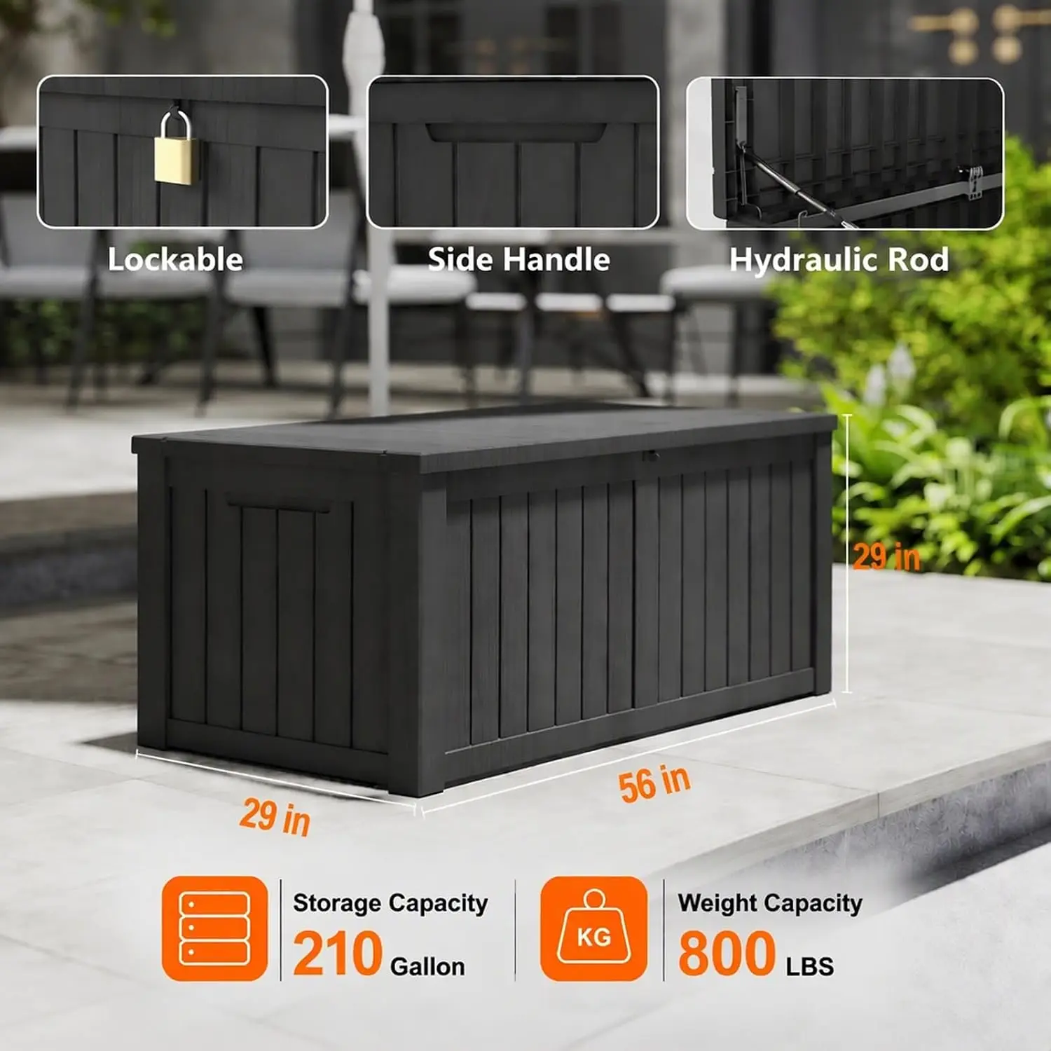 210 Gallon Resin Deck Box, Package Delivery Box with Lockable Lid, Waterproof Outdoor Storage Box For Garden Tools, Patio Cushio
