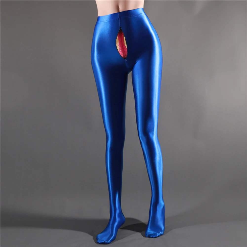 Zipper crotch glossy satin silk women high waist tights leggings pantyhose Fitness see through sports yoga pants