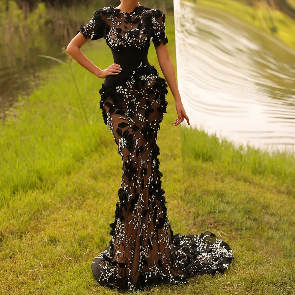 

Customized Mermaid Evening Dresses Floor-length O-neck Short Sleeve Prom Gown Fashion Crystal Flowers Exquisite Party Gown