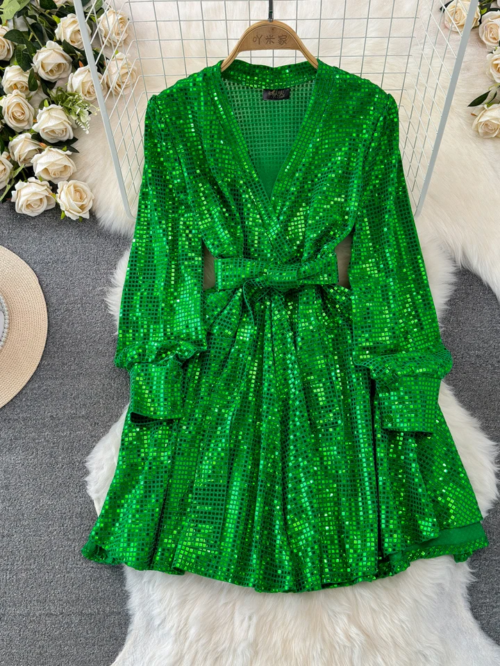 Sexy Sequin Mini Prom Dress Simple V-Neck A-Line Belt Full Sleeve Above  Knee Halloween Party Es Sequined Date Night