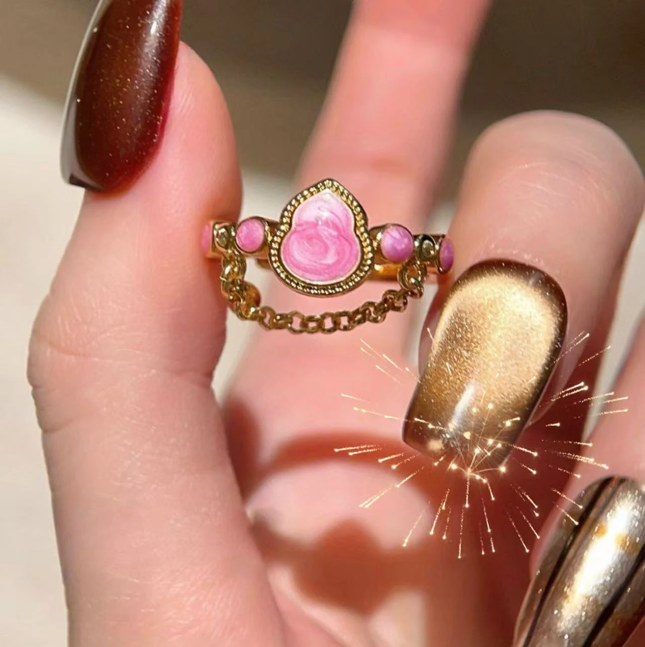 Vintage light luxury Pink Enamel Gourd Water Drop Chains Enamel rings for women Glossy Ring adjustable Banquet Jewelry Gift