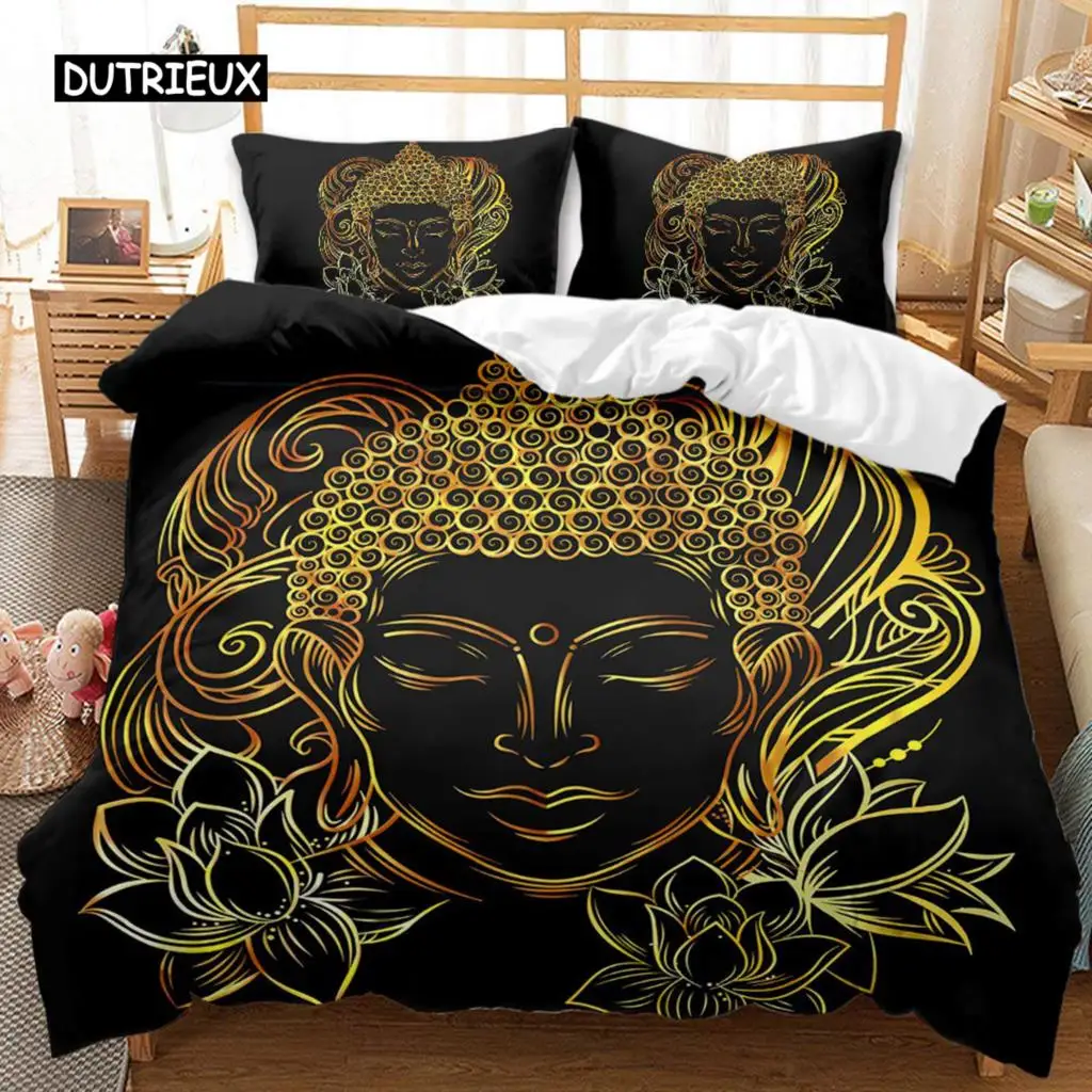 

Buddha Duvet Cover Set King Size Golden Mandala Asian Culture Theme Bedding Set Microfiber Exotic Retro Style Comforter Cover