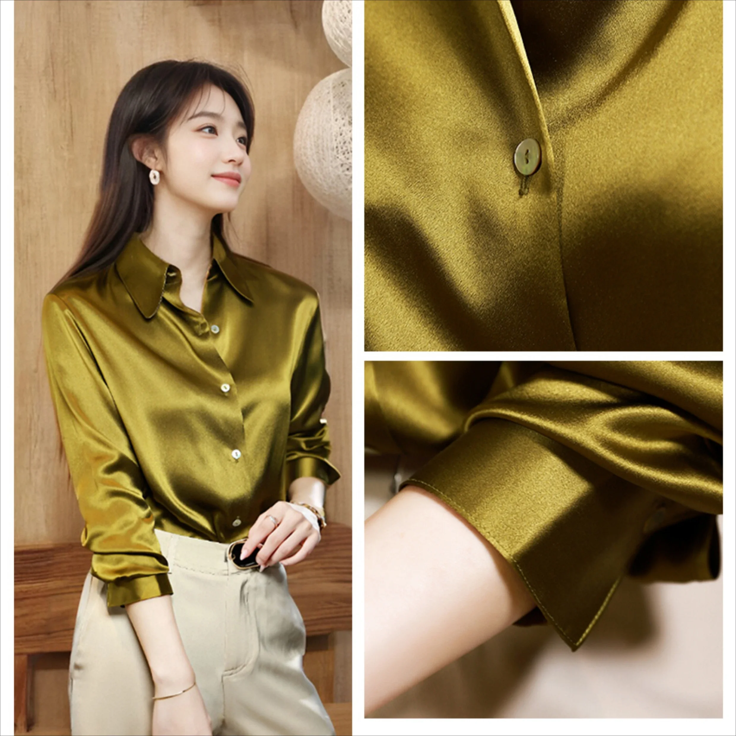 High Quality Silk Satin Women\'s Shirt Office Ladies Long Sleeve Blouses Polo Neck Gold shirt Button Luxury Casual women tops