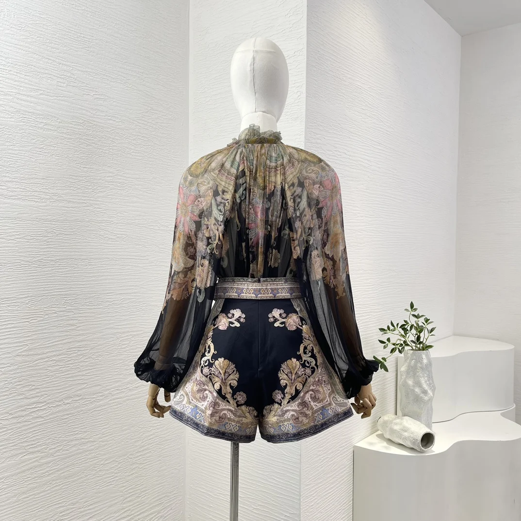 

2025 High Quality Paisley Full Lantern Sleeve Pullover Lace-up Blouse Tops and Belted Shorts Women Set