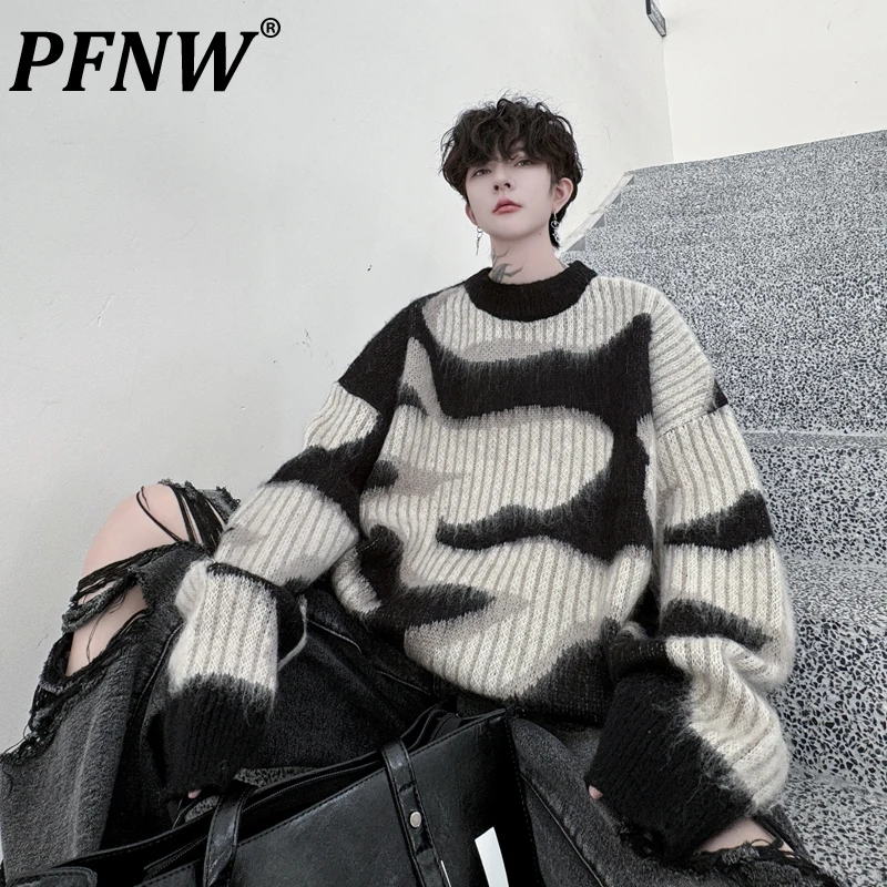 PFNW Menswear Round Neck Brushed Geometric Jacquard Loose Men's Knitted Thick Sweater Korean Trendy Causal Pulloer Top 28W5450