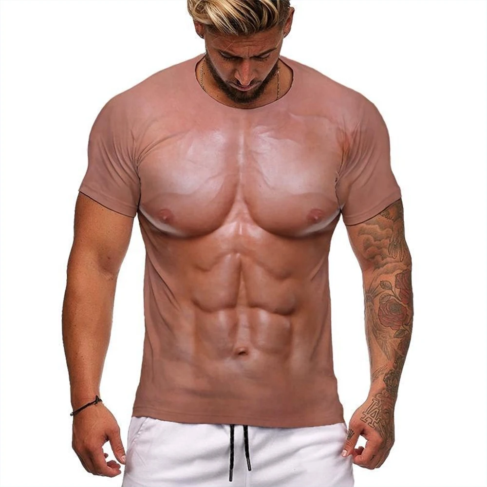 Summer fashion trend fun 3D printing men\'s personalized fake muscle printed T-shirt street casual comfortable short sleeved top