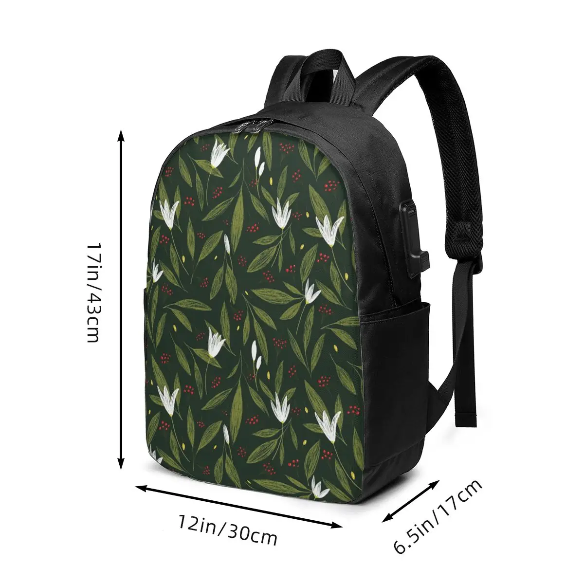 Pattern Of Green Leaves And White Flowers Backpack Travel Notebook Bag Computer College Student School Bag Laptop Shoulder Bags