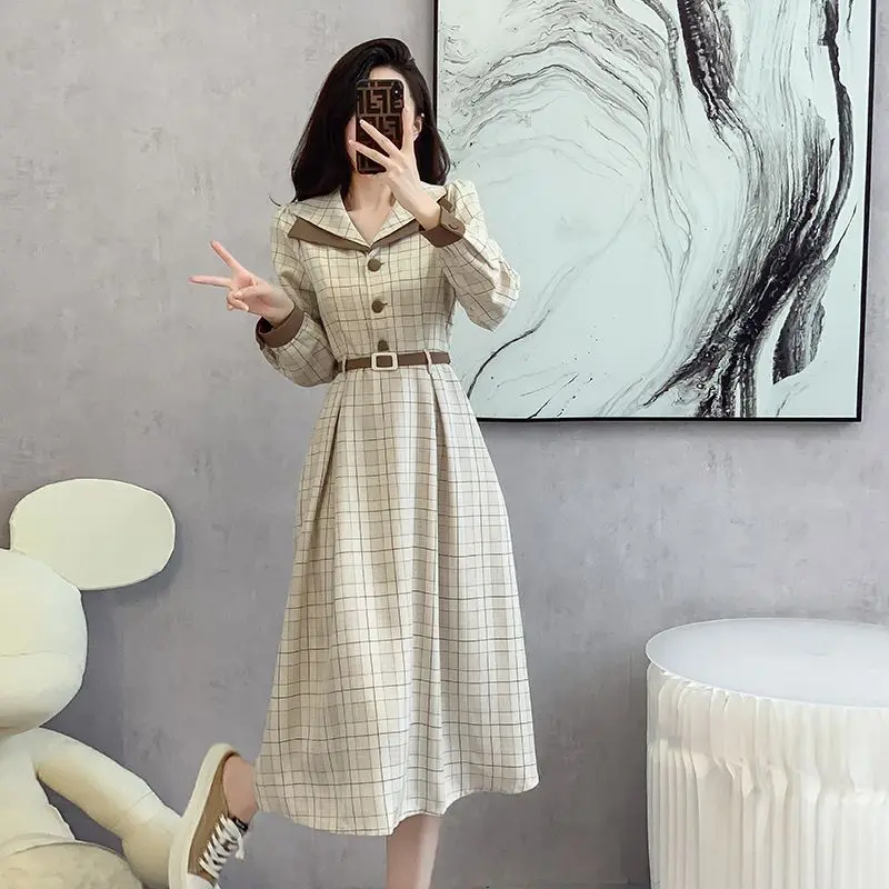 

Women Clothing French Style Plaid Dress Spring Autumn Korean Version New Waist Slim Casual Versatile Mid Length A-line Skirt