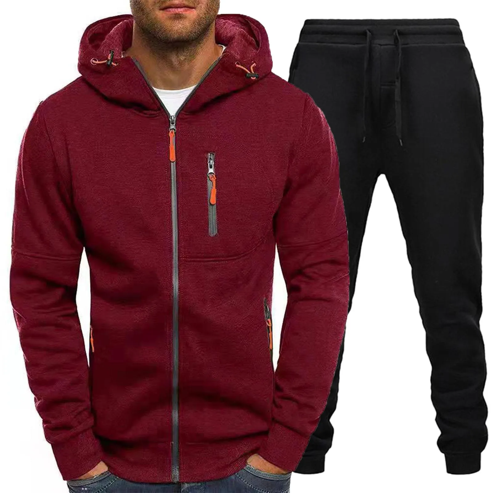 

2023 Male Autumn And Winter Two Piece Suit Hooded Long Sleeve Warm Hoodie Jacket And Pocket Trousers Soft Sports Pant Set