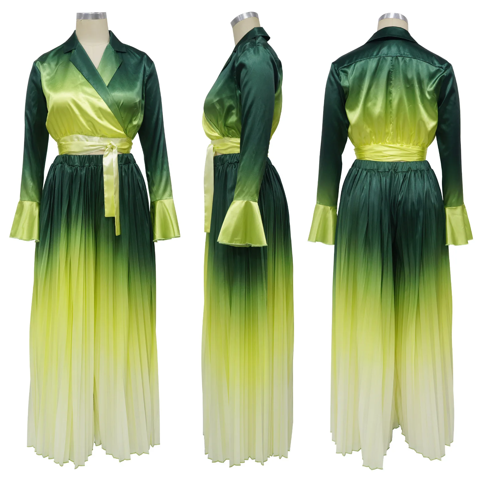 Elegant Changing Color Loose Two Piece Set Autumn Office Lady Long Flare Sleeve Lace Up Top Wide Leg Pants 2 Pieces Set Outfits
