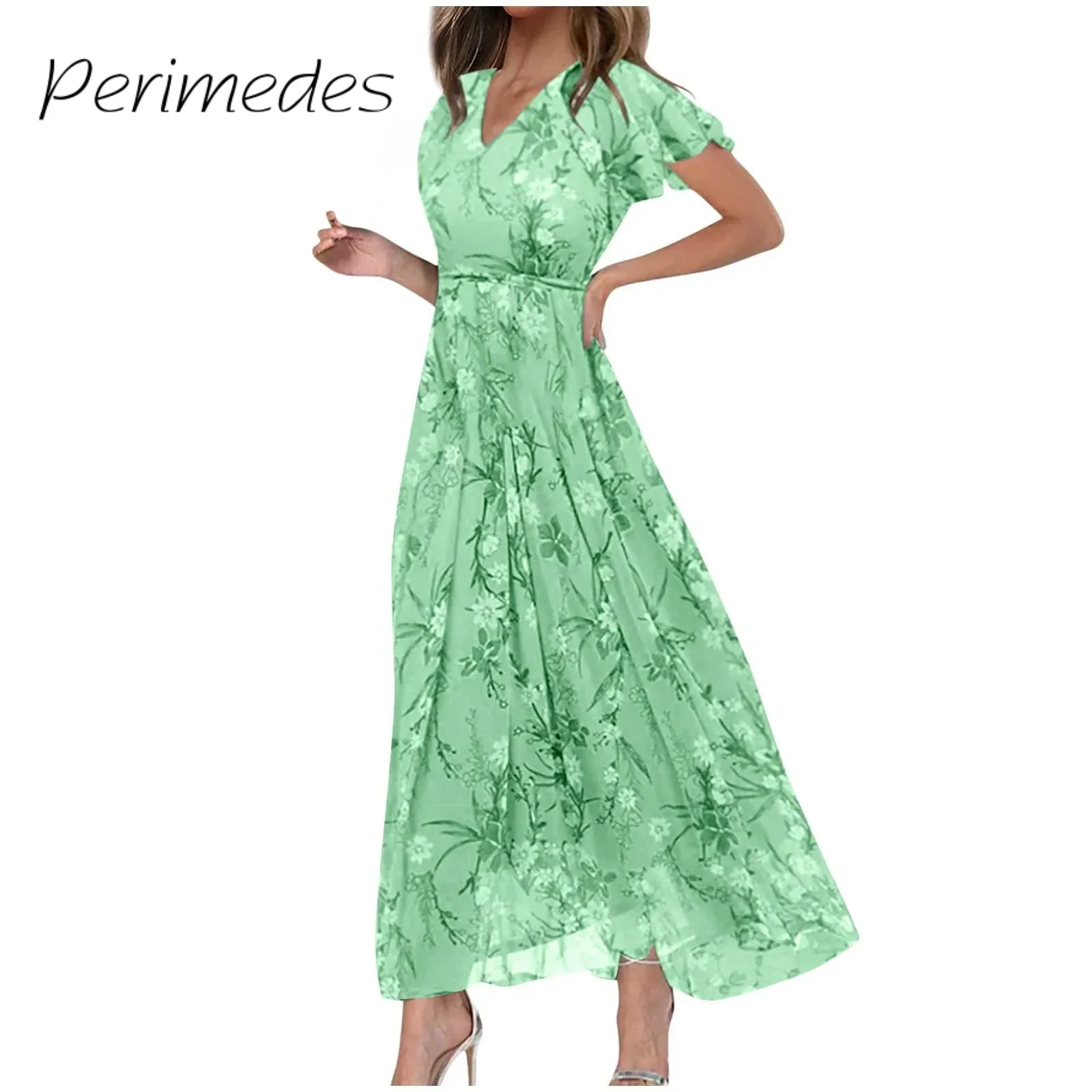 Vestidos Women'S Summer New Dress Casual High Waist Swing Dress Loose V-Neck Flowy Ruffle Short Sleeve Graceful Sundress