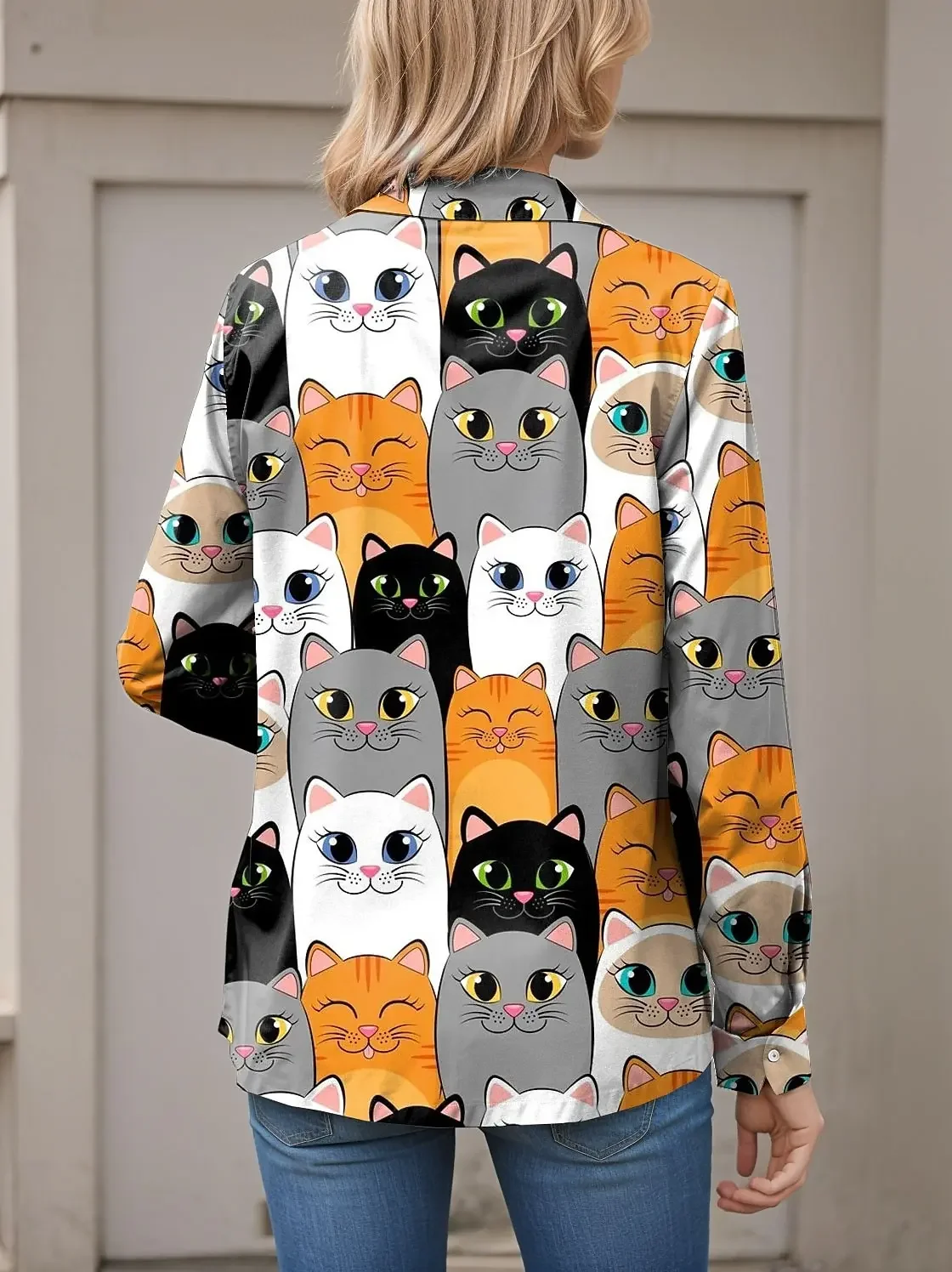 Spring Autumn Women's Shirts Funny Fashion Animal Cat Graphic Stylish Casual Long Sleeve Shirt Tops Blouses Daily Women Clothing