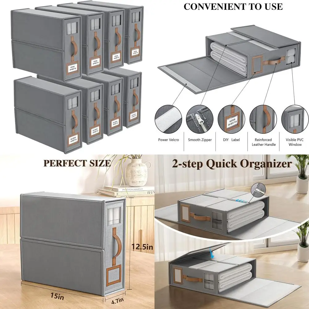 

Органайзеры для постельного белья King & Queen Size, складные, из льняной ткани, с окном - Серые коробки для хранения