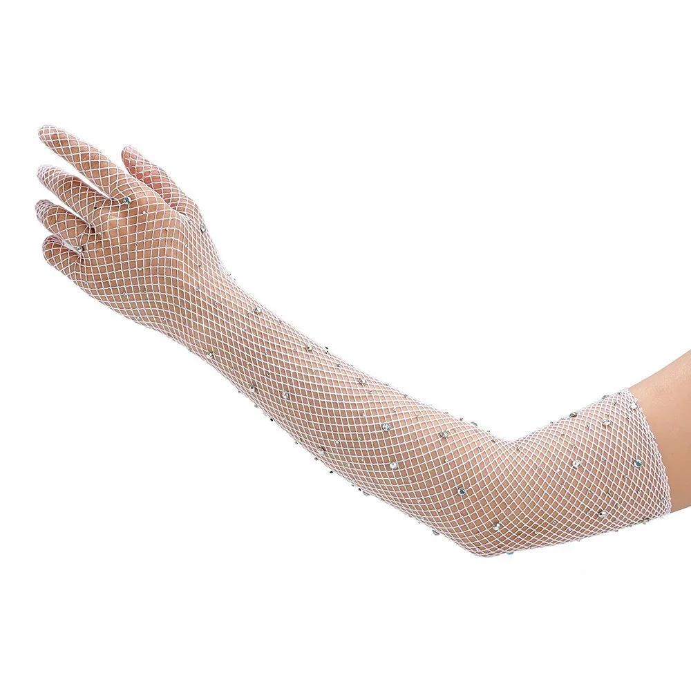 New Mesh Long Mittens Party Dress Cosplay Fishnet Gloves Glitter Rhinestone Punk Hip Hop Performance Gloves Sexy