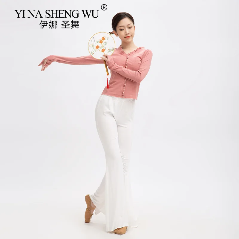 Classical Dance Practice Clothes Long-sleeved Tops Elegant Classical Dance Performance Practice Clothes White Bell Bottoms New